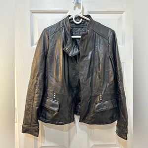 VIA SPIGA Black Soft Lamb Leather Moto Biker Jacket with Silver Hardware, Medium